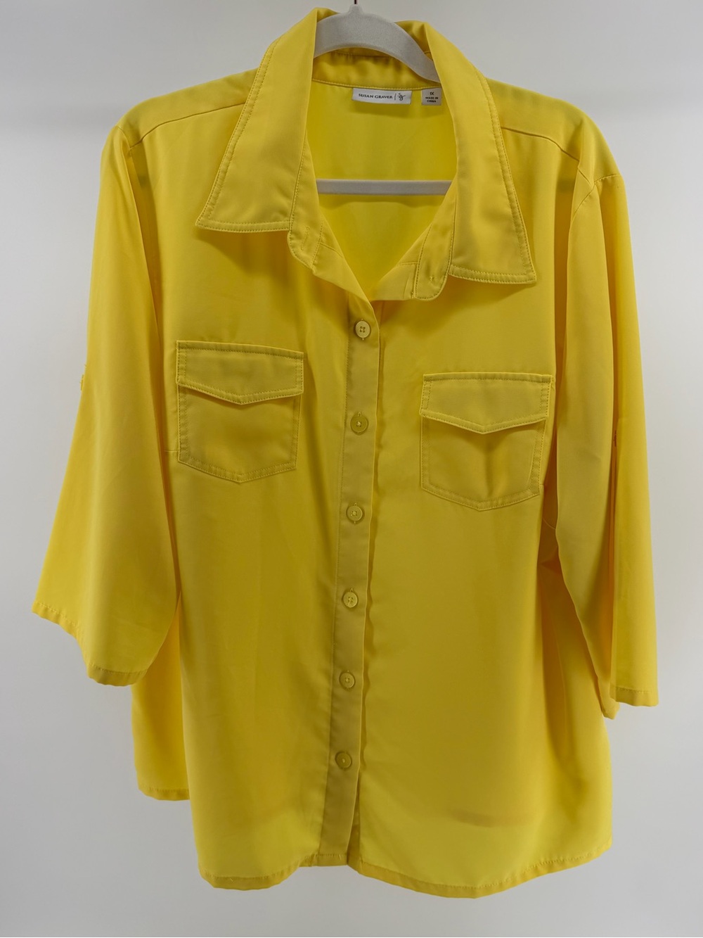 Susan Graver Yellow Button-Front Roll Tab Sleeve Blouse, Pockets, Women's 1X